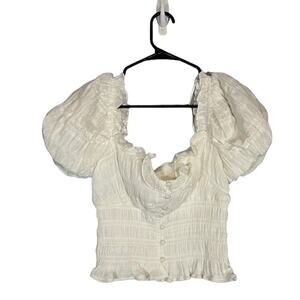 ASTR White Balloon Short Sleeve Accordion Button Front Anza Crop Top Women Sz S